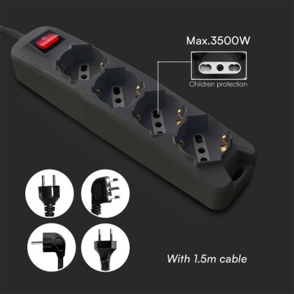 V-TAC Multipresa con 4 Prese 10/16A 2P+T Bipasso/Schuko 45° e Interruttore Generale Luminoso e Cavo 1,5m Spina 16A 2P+T Colore Nero