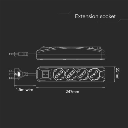 V-TAC Multipresa con 4 Prese 10/16A 2P+T Bipasso/Schuko 45° e Interruttore Generale Luminoso e Cavo 1,5m Spina 16A 2P+T Colore Nero