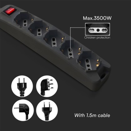 V-TAC Multipresa con 5 Prese 10/16A 2P+T Bipasso/Schuko 45&deg; e Interruttore Generale Luminoso e Cavo 1,5m Spina 16A 2P+T Colore Nero
