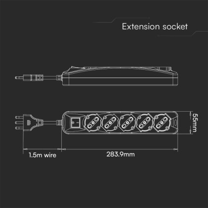 V-TAC Multipresa con 5 Prese 10/16A 2P+T Bipasso/Schuko 45&deg; e Interruttore Generale Luminoso e Cavo 1,5m Spina 16A 2P+T Colore Nero