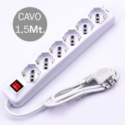 V-TAC Multipresa con Cavo 1,5m 6 Prese 10/16A 2P+T Bipasso + Schuko Interruttore Luminoso Spina 16A 2P+T Colore Bianco