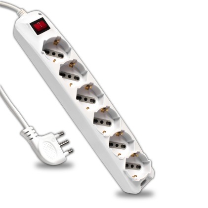 V-TAC Multipresa con Cavo 1,5m 6 Prese 10/16A 2P+T Bipasso + Schuko Interruttore Luminoso Spina 16A 2P+T Colore Bianco