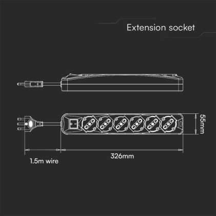 V-TAC Multipresa con 6 Prese 10/16A 2P+T Bipasso/Schuko 45&deg; e Interruttore Generale Luminoso e Cavo 1,5m Spina 16A 2P+T Colore Nero