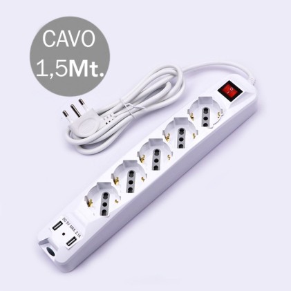 V-TAC Multipresa con Cavo 1,5m 5 Prese 10/16A Bipasso + Schuko e 2 USB Interruttore Luminoso Spina 16A 2P+T Colore Bianco