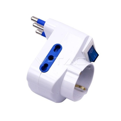 V-TAC Adattatore Multipresa con 2 Prese Laterali 10/16A Bipasso e una Frontale 10/16A Bipasso + Schuko con Interruttore Luminoso Spina 16A 2P+T Colore Bianco