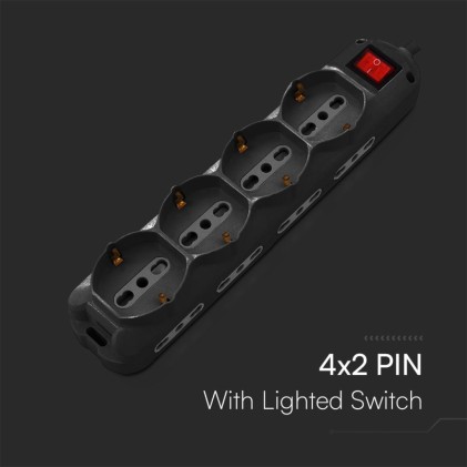 V-TAC Multipresa con Cavo 1,5m 8 Prese Laterali 10/16A 2P+T Bipasso 4 Frontali 10/16A 2P+T Bipasso Schuko con Interruttore Spina 16A 2P+T Colore Nero