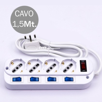 V-TAC Multipresa con Cavo 1,5m 4 Prese 10/16A 2P T Bipasso  Schuko a 45° con Interruttore Generale e 4 Singoli Spina 16A 2P+T