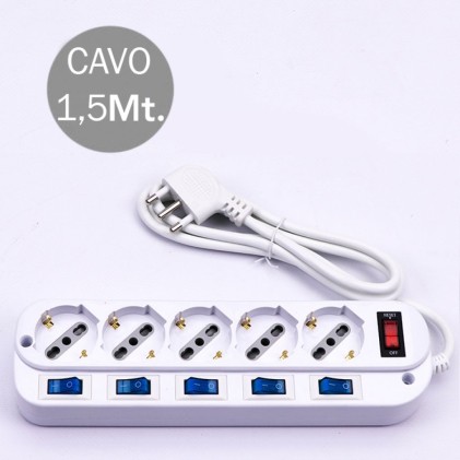 V-TAC Multipresa con Cavo 1,5m 5 Prese 10/16A 2P+T Bipasso + Schuko a 45° Interruttore Generale 5 Singoli Spina 16A 2P+T