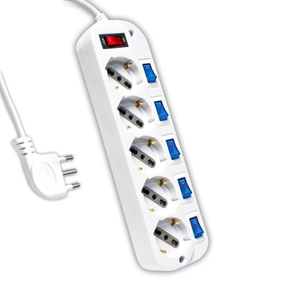 V-TAC Multipresa con Cavo 1,5m 5 Prese 10/16A 2P+T Bipasso + Schuko a 45° Interruttore Generale 5 Singoli Spina 16A 2P+T