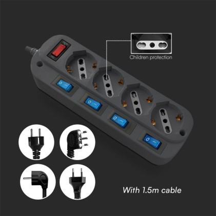 V-TAC Multipresa con 6 Prese 10/16A 2P+T Bipasso/Schuko 45° e 6 Interruttori Indipendenti e Protezione Sovraccarico 3500W e Cavo 1,5m Spina 16A 2P+T Colore Nero