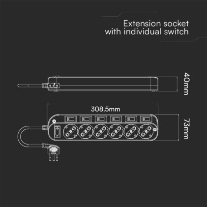 V-TAC Multipresa con 6 Prese 10/16A 2P+T Bipasso/Schuko 45° e 6 Interruttori Indipendenti e Protezione Sovraccarico 3500W e Cavo 1,5m Spina 16A 2P+T Colore Nero
