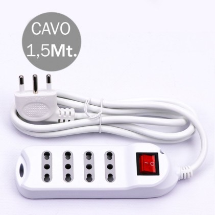 V-TAC Multipresa con Cavo 1,5m 4 Prese 10/16A 2P+T Bipasso con Interruttore Luminoso e Spina 16A 2P+T Colore Bianco