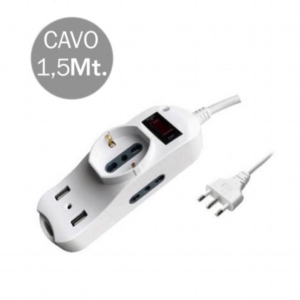 V-TAC Multipresa con Cavo 1,5m 2 Prese Laterali 10/16A 2P+T Bipasso 1 Frontale 10/16A 2P+T Schuko 2 USB con Interruttore Spina 16A 2P+T