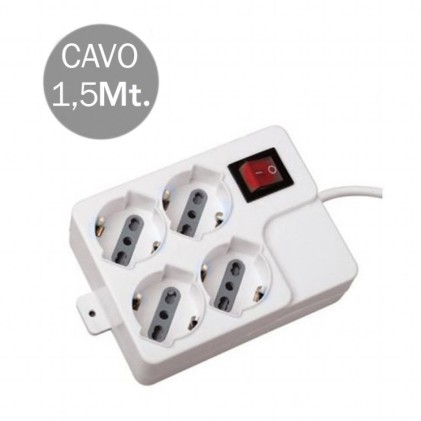 V-TAC Multipresa con Cavo 1,5m 4 Prese 10/16A 2P+T Bipasso + Schuko con Interruttore Luminoso Spina 16A 2P+T Colore Bianco