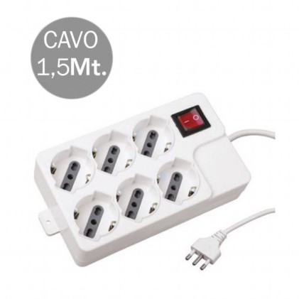 V-TAC Multipresa con Cavo 1,5m 6 Prese 10/16A 2P+T Bipasso + Schuko con Interruttore Luminoso Spina 16A 2P+T Colore Bianco