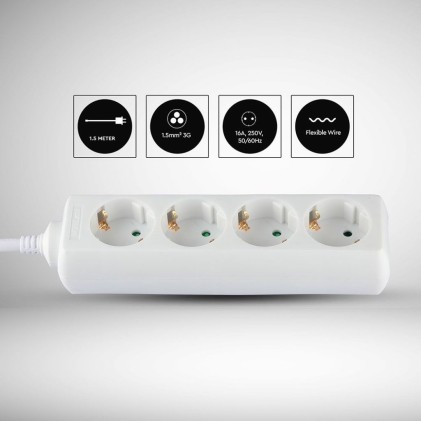 V-TAC Multipresa con Cavo 1,5m 4 Prese 10A 2P + Schuko e Spina Schuko Colore Bianco