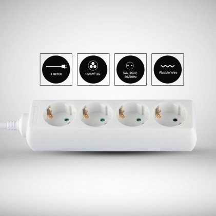 V-TAC Multipresa con Cavo 3m 4 Prese 10A 2P + Schuko e Spina Schuko Colore Bianco