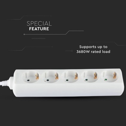 V-TAC Multipresa con Cavo 3m 5 Prese 10A 2P + Schuko e Spina Schuko Colore Bianco