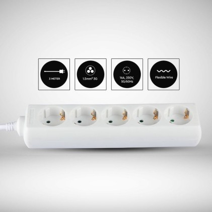 V-TAC Multipresa con Cavo 3m 5 Prese 10A 2P + Schuko e Spina Schuko Colore Bianco