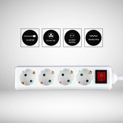 V-TAC Multipresa con Cavo 1,5m 4 Prese 10A 2P + Schuko e Interruttore Luminoso Spina Schuko Colore Bianco