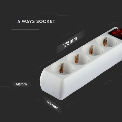 V-TAC Multipresa con Cavo 5m 4 Prese 10A 2P + Schuko e Interruttore Luminoso Spina Schuko Colore Bianco