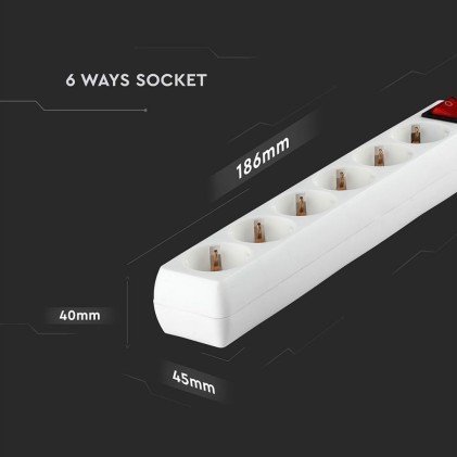 V-TAC Multipresa con Cavo 1,5m 6 Prese 10A 2P + Schuko e Interruttore Luminoso Spina Schuko Colore Bianco