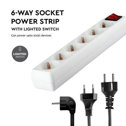 V-TAC Multipresa con Cavo 1,5m 6 Prese 10A 2P + Schuko e Interruttore Luminoso Spina Schuko Colore Bianco