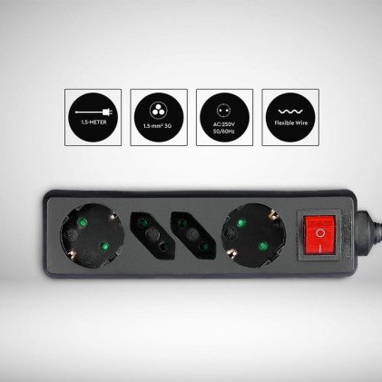 V-TAC Multipresa con Cavo 1,5m 4 Prese 2 10A 2P + Schuko 2 10A e Interruttore Luminoso Spina Schuko Colore Bianco