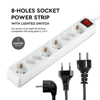 V-TAC Multipresa con Cavo 1,5m 8 Prese 4 10A 2P + Schuko 4 10A Inclinate e Interruttore Luminoso Spina Schuko Colore Bianco