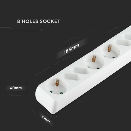 V-TAC Multipresa con Cavo 1,5m 8 Prese 4 10A 2P + Schuko 4 10A Inclinate e Interruttore Luminoso Spina Schuko Colore Bianco