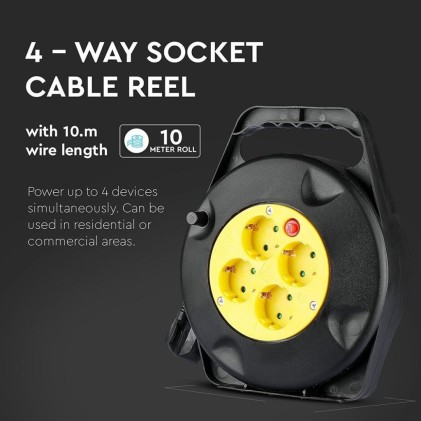 V-TAC Prolunga Avvolgicavo con 4 prese 10A 2P + Schuko con Protezione Termica Colore Nero e Spina Schuko l: 10mt