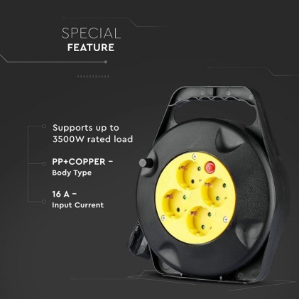 V-TAC Prolunga Avvolgicavo con 4 prese 10A 2P + Schuko con Protezione Termica Colore Nero e Spina Schuko l: 10mt