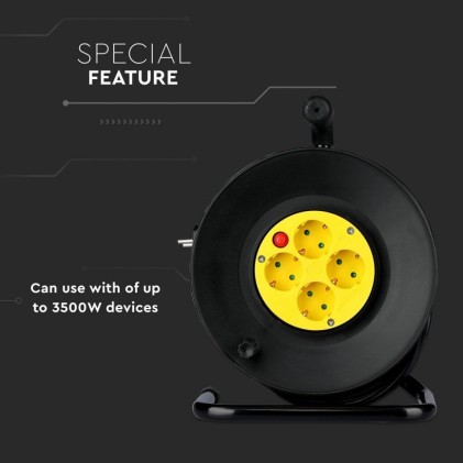 V-TAC Prolunga Avvolgicavo con 4 prese 10A 2P + Schuko con Protezione Termica Colore Nero e Spina Schuko l: 25mt