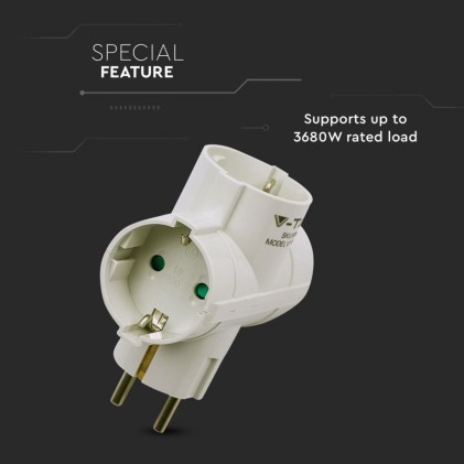 V-TAC Adattatore Multipresa con 2 Prese Laterali 10A 2P + Schuko e 1 Frontale 10A 2P + Schuko con Spina Schuko Colore Bianco