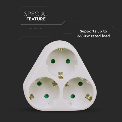 V-TAC Adattatore Multipresa con 3 Prese Frontali Disposte a Piramide 10A 2P + Schuko con Spina Schuko Colore Bianco