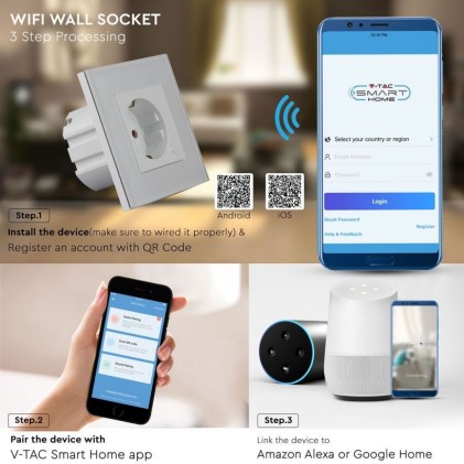 V-TAC Presa Wifi EU da Muro Compatibile ad Amazon Alexa Google Home e Nest Colore Bianco