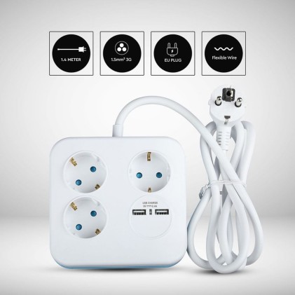 V-TAC Multipresa Quadrata con Cavo 1,4 m 3 Prese Schuko e 2 USB e Spina Schuko Colore Bianco