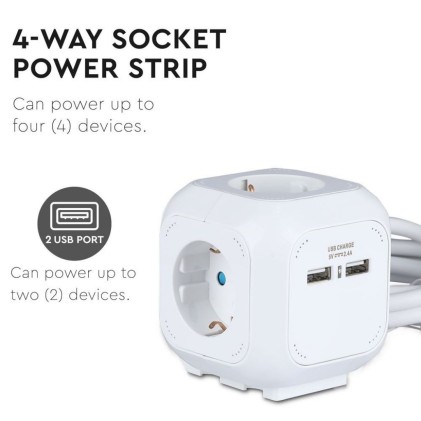 V-TAC Multipresa Cubica con Cavo 1,4 m 4 Prese Schuko e 2 USB e Spina Schuko Colore Bianco