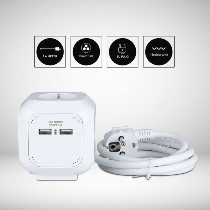 V-TAC Multipresa Cubica con Cavo 1,4 m 4 Prese Schuko e 2 USB e Spina Schuko Colore Bianco