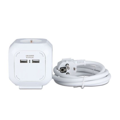 V-TAC Multipresa Cubica con Cavo 1,4 m 4 Prese Schuko e 2 USB e Spina Schuko Colore Bianco