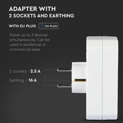 V-TAC Adattatore Multipresa con 2 Prese Frontali 2,5A e Presa Schuko Spina Schuko Colore Bianco