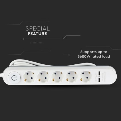 V-TAC Multipresa con Cavo 3m 5 Prese 16A con Interruttore Luminoso e 2 USB Colore Bianco