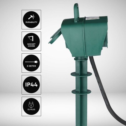 V-TAC Presa da Giardino con Cavo 3m 4 Prese 16A con Copertura Colore Verde IP44