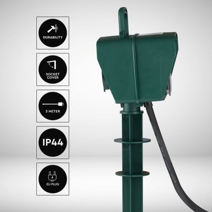 V-TAC Presa da Giardino con Cavo 3m 2 Prese 16A con Copertura e un Timer Meccanico sul Retro Colore Verde IP44