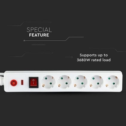 V-TAC Multipresa con Cavo 1,4m 5 Prese 16A con Interruttore Luminoso e di Protezione da Sovraccarico Colore Bianco
