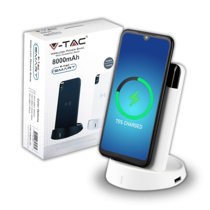 V-TAC Power Bank 8.000 mAh con Display e Ricarica Wireless Colore Bianco