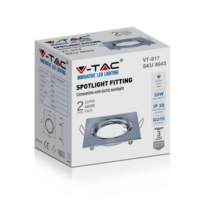 V-TAC Portafaretto LED da Incasso Quadrato GU10 Colore Cromato (Box 2 Pezzi)