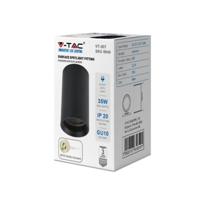 V-TAC Portafaretto LED Montaggio a Plafone Rotondo GU10 Corpo Nero (H:100mm)