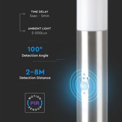 V-TAC Piantana LED da Giardino 110cm con Portalampada E27 e sensore di movimento (max 60W) in Acciaio Inossidabile IP44