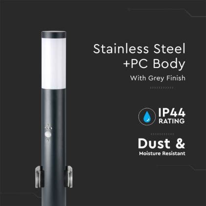 V-TAC Piantana LED da Giardino 60cm con Portalampada E27 e 2 Prese Schuko e Sensore di movimento (max 60W) Colore Grigio IP44